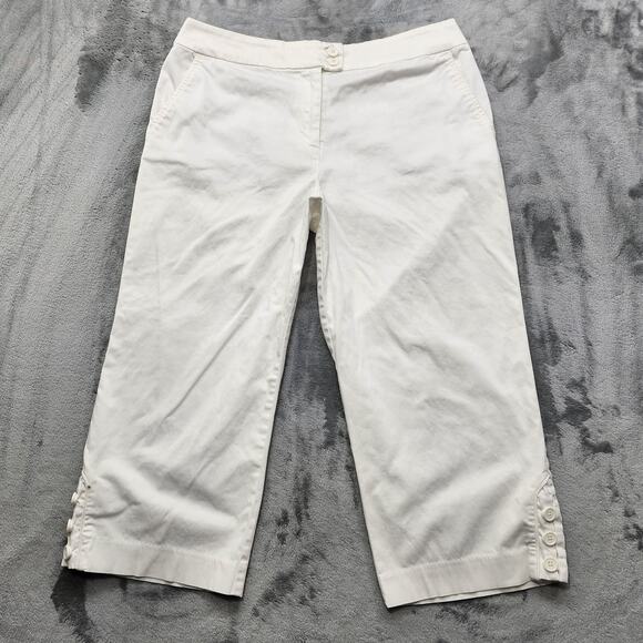 Multiples Pants - Multiples Pants Womens 12 White Stretch Cotton Capri Button Hem Preppy Nautical